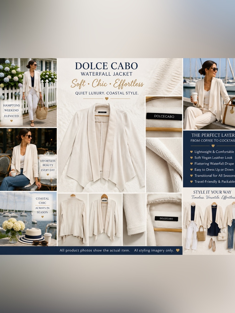EUC Dolce Cabo Ivory Waterfall Jacket Soft Vegan Leather Look Open Front L luxe